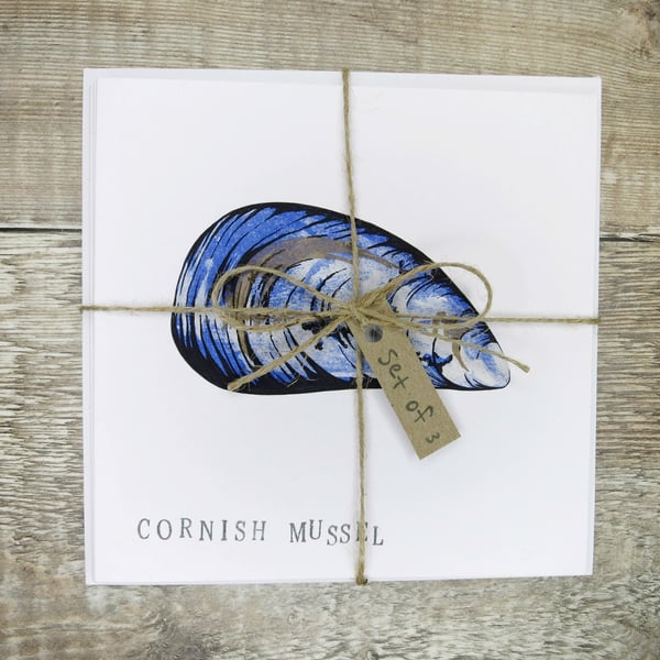 Set of 3 Cornish Mussel Cards - Risograph Print with Pen and Ink on White Card