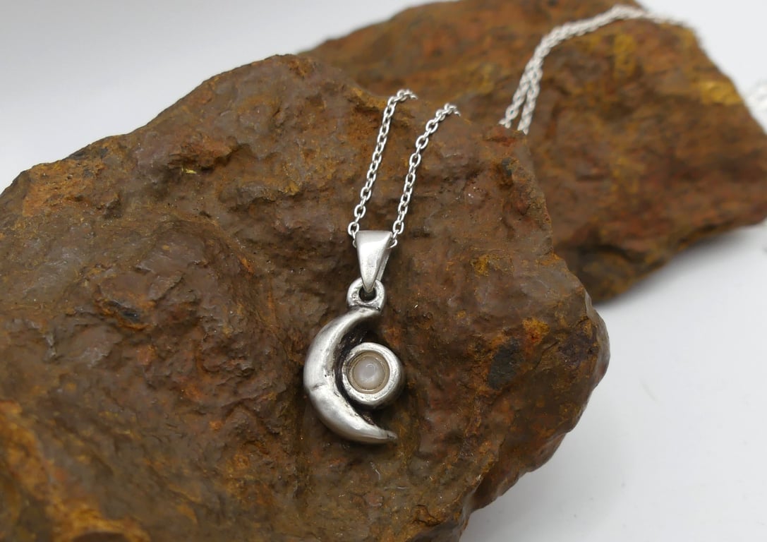 Sterling Silver Half Moon with Peach Moonstone Gemstone Pendant Necklace.