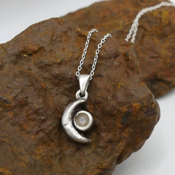 Sterling Silver Half Moon with Peach Moonstone Gemstone Pendant Necklace.