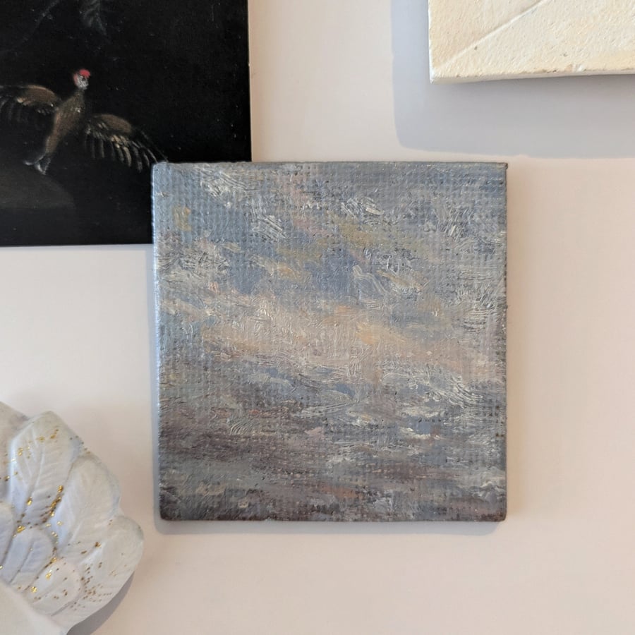 Miniature Original Oil Painting, Cloudscape Tiny Artwork, Mini Fridge Magnet 
