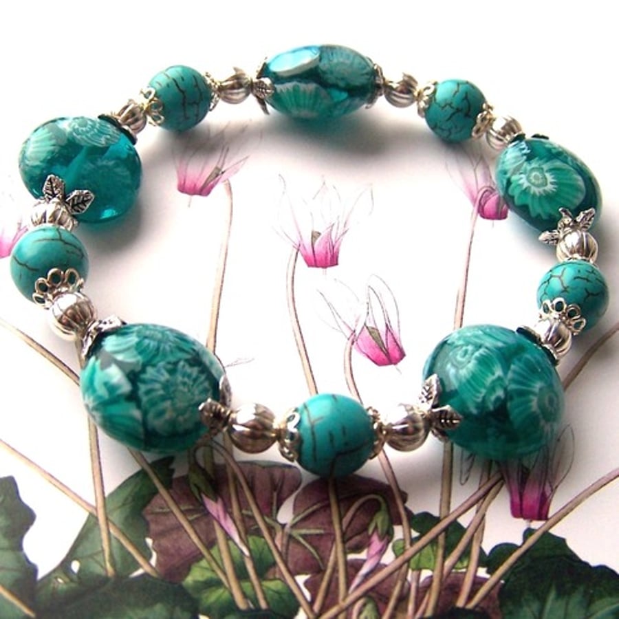 'Teal Garden' Millefiori Stretch Bead Bracelet 