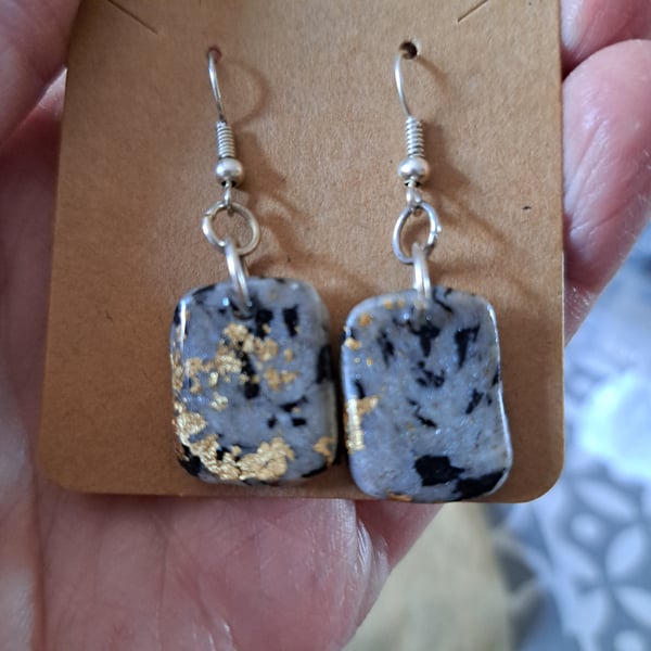 Pair of rectangular shaped grey, black, gold and white marble effect earrings