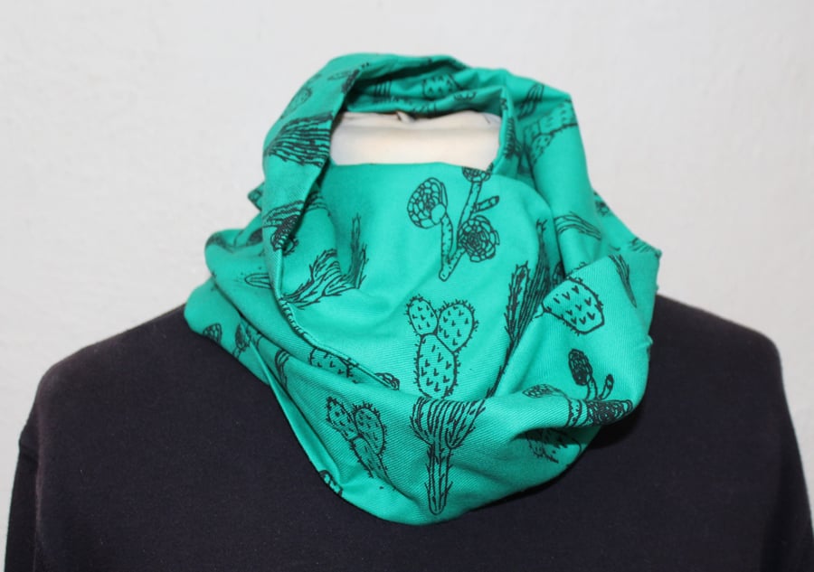 Green and Black hand printed cactus print scarf, infinity loop scarf,unisex gift