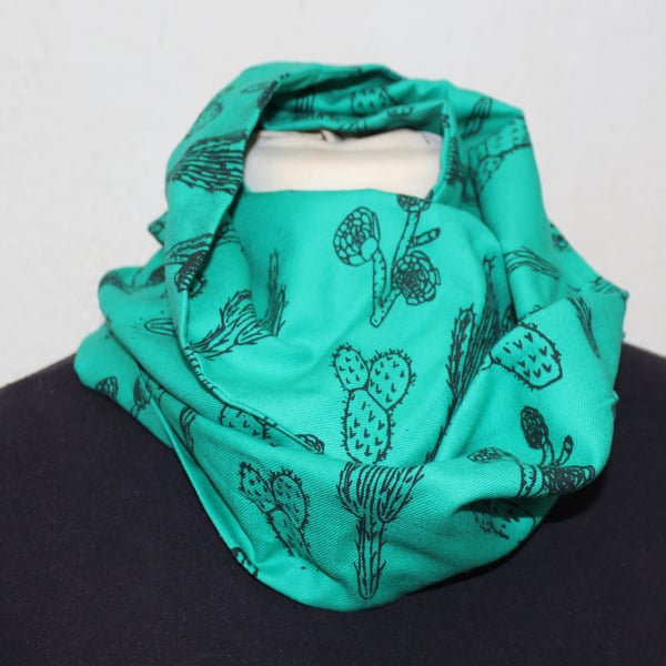 Green and Black hand printed cactus print scarf, infinity loop scarf,unisex gift