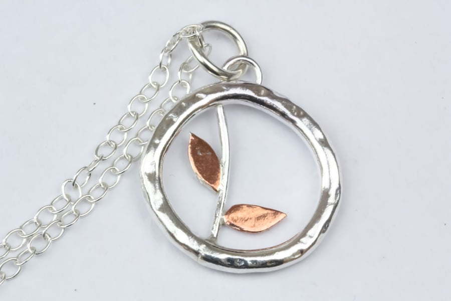 Silver Sprouting Leaf Necklace with Copper Leaves