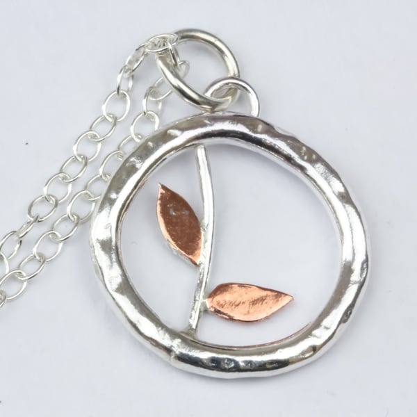 Silver Sprouting Leaf Necklace with Copper Leaves