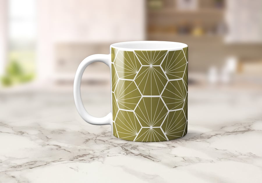 Olive Green and White Hexagon Geometric Design Mug 