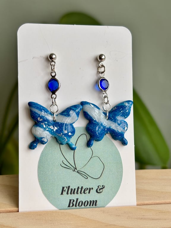 Marbled Butterfly Earrings with Deep Blue Gemstone — Nature-Inspired Dangle Desi
