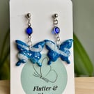 Marbled Butterfly Earrings with Deep Blue Gemstone — Nature-Inspired Dangle Desi