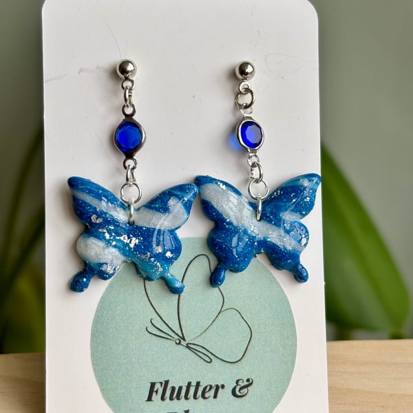 Marbled Butterfly Earrings with Deep Blue Gemstone — Nature-Inspired Dangle Desi