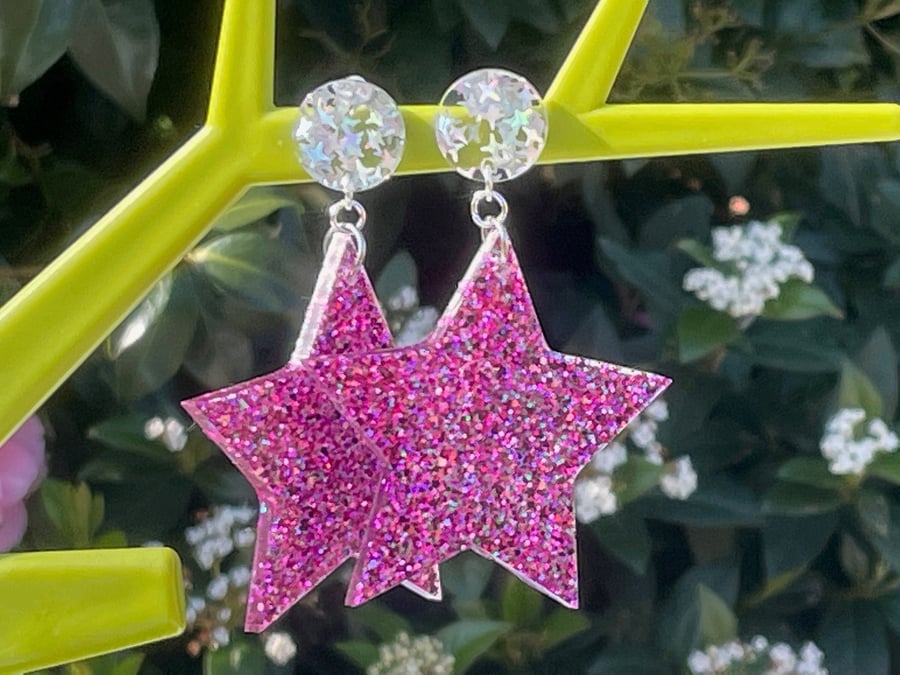 RESIN STAR EARRINGS dark pink glitter holographic posts disco