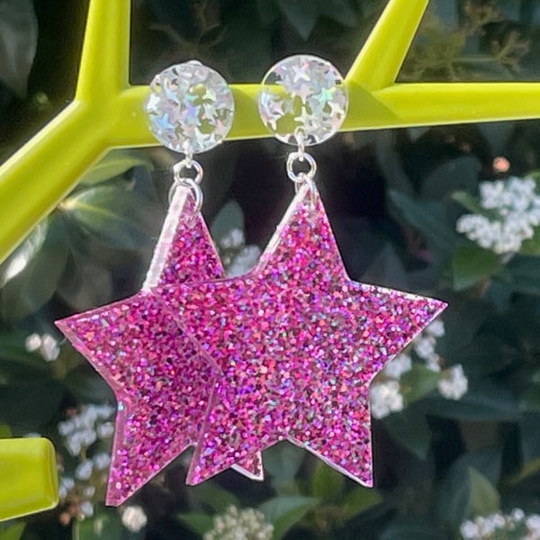 RESIN STAR EARRINGS dark pink glitter holographic posts disco