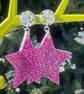 RESIN STAR EARRINGS dark pink glitter holographic posts disco - Image 1