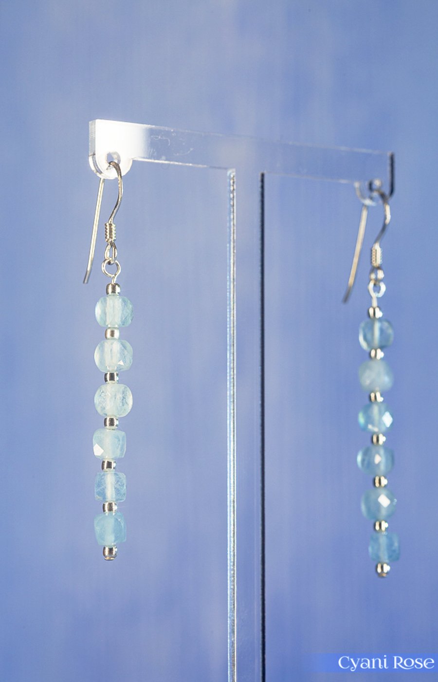 Earrings Aquamarine AA shaded faceted cube dangle sterling silver march birthday