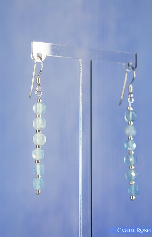 Earrings Aquamarine AA shaded faceted cube dangle sterling silver march birthday