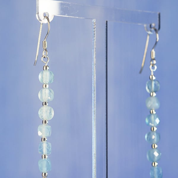 Earrings Aquamarine AA shaded faceted cube dangle sterling silver march birthday
