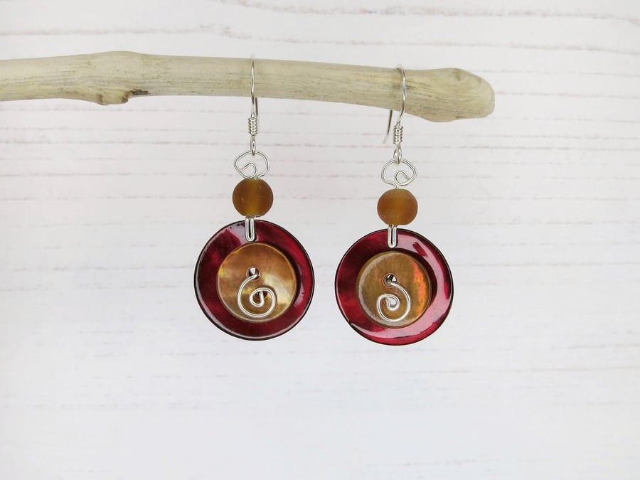 Shell Button Drop Earrings with Single Glass Bead - Deep Red with Burnt Orange