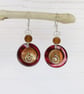 Shell Button Drop Earrings with Single Glass Bead - Deep Red with Burnt Orange