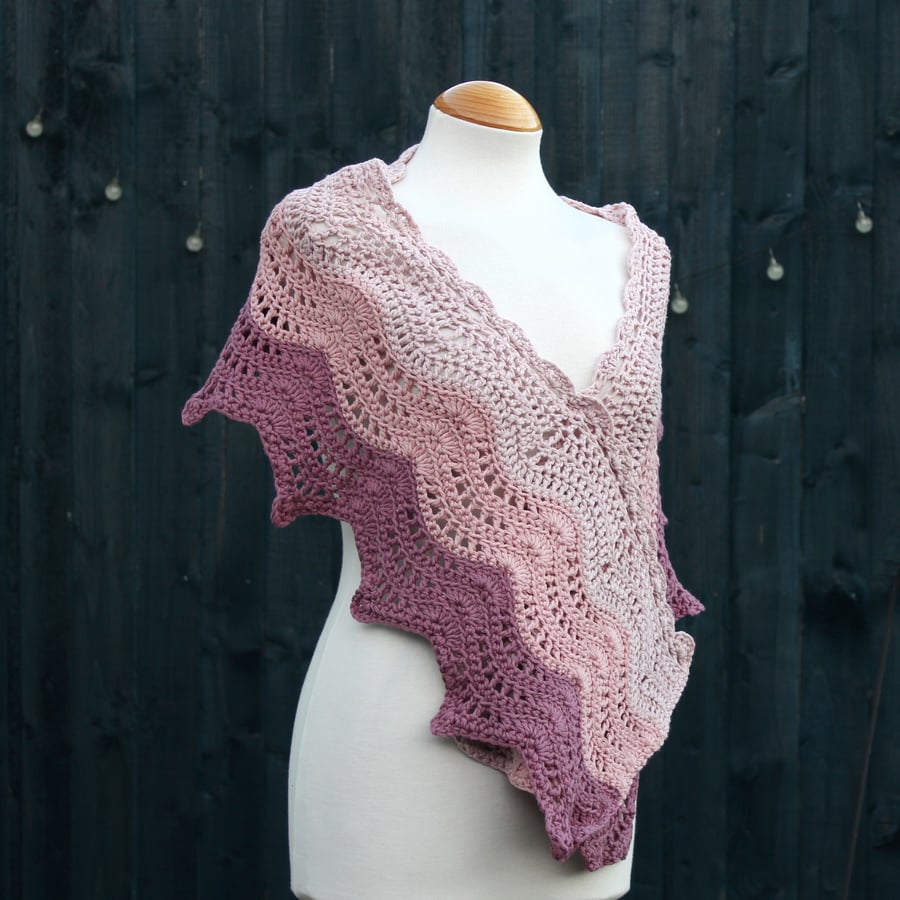 Crochet wrap in shades of dusky pink 100% cotton, wool free - design A193