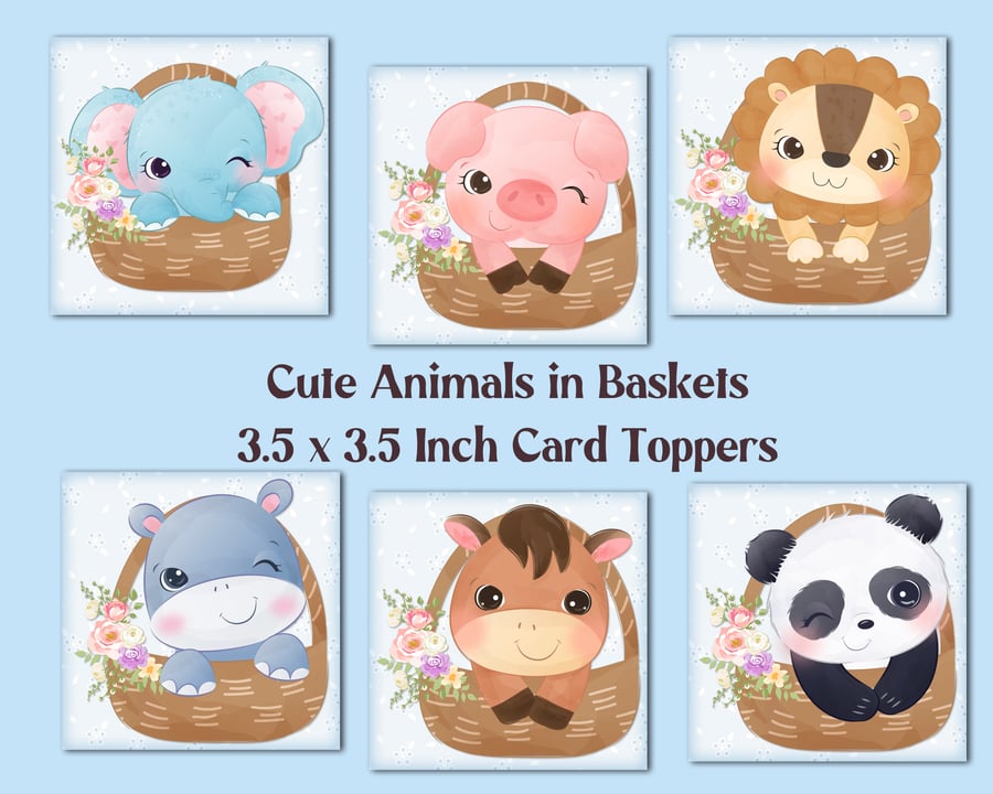 Cute Animals in Baskets Square Card Toppers for Card Making, Tags, Scrapbooks