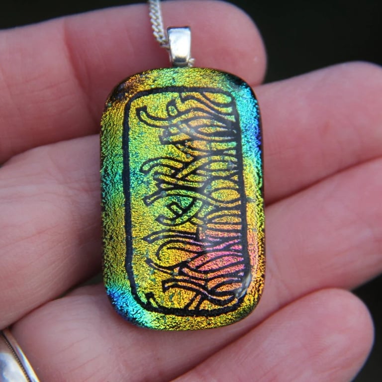 Bright Rainbow etched dichroic glass pendant, fused glass necklace SKU F51