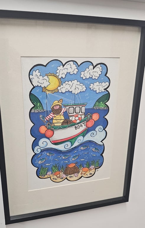 A cornish fisherman on his boat out to sea. Original illustration painting..