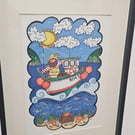 A cornish fisherman on his boat out to sea. Original illustration painting..