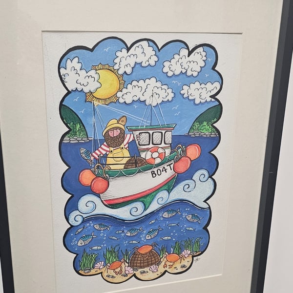 A cornish fisherman on his boat out to sea. Original illustration painting..