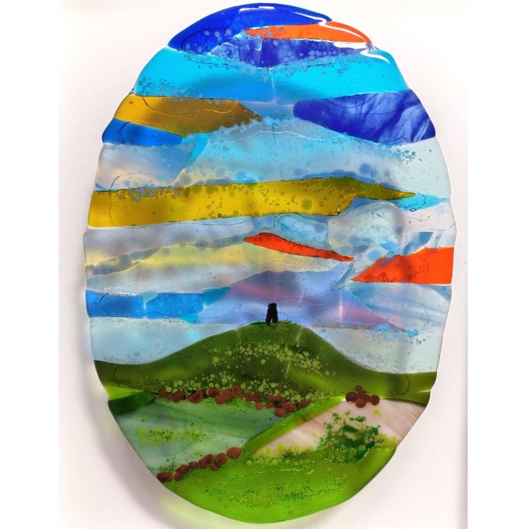 Oval Glastonbury Tor - Original Fused Glass Wall Art Picture, Abstract Landscape