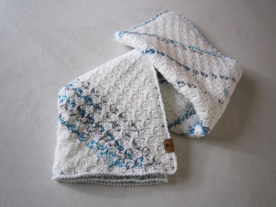 White Crochet baby blanket, blue blanket, grey blanket, gender neutral