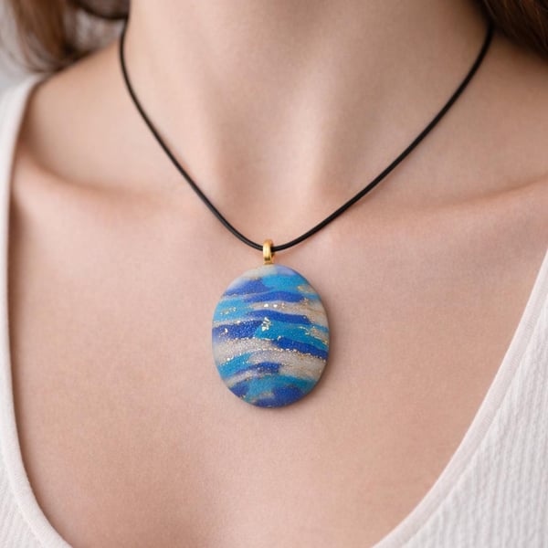 Handmade Oval Polymer Clay Pendant Necklace, Colourful Artisan Jewellery, Boho S