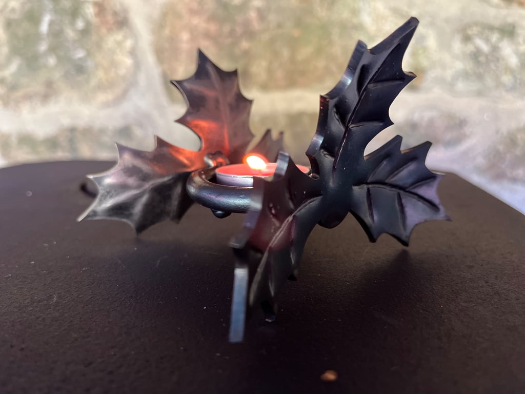 Forged Holly Leaf Tea Light Holder. Decorative Festive Tea Light Holder