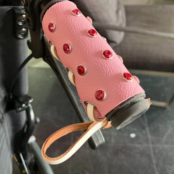 Pink Leather Wheelchair Handle Decorations with Pink Gemstones