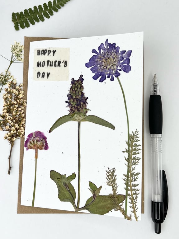 Handmade Mother's Day, Birthday Card, Real Pressed Flowers