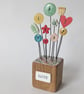 Clay Flower and Button Garden in a Wood Block 'Love'