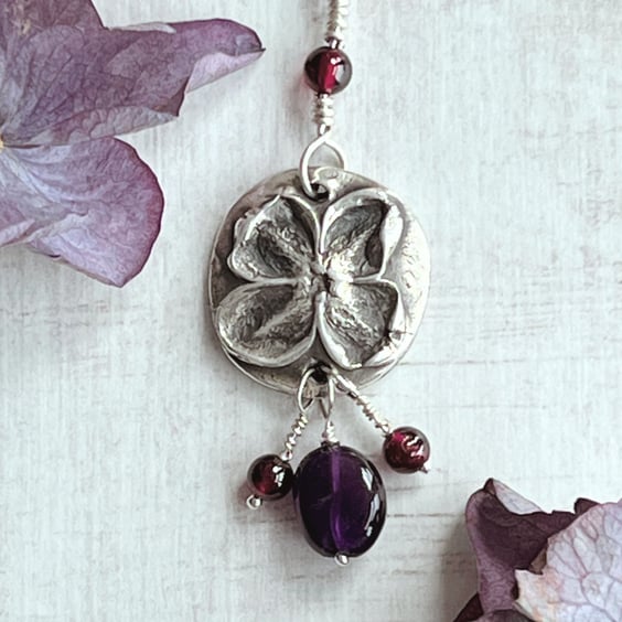Silver Lilac pendant with amethyst and garnet.