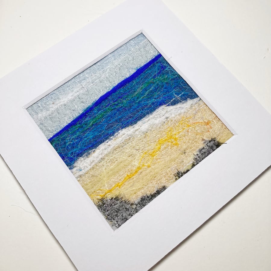 Beach scene, textile art, wool and silk picture 6" x 6"