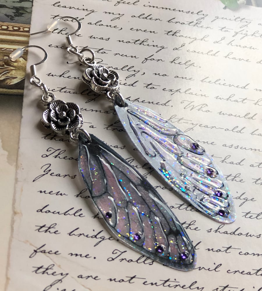 Purple Swarovski Dark Fairy Wing Rose Sterling Silver Earrings