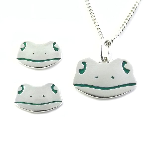 Frog jewellery set - small pendant and stud earrings (sterling silver)