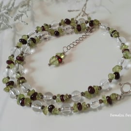 Pretty Clear Quartz, Peridot,  Indian Red Garnet Sterling Silver Necklace