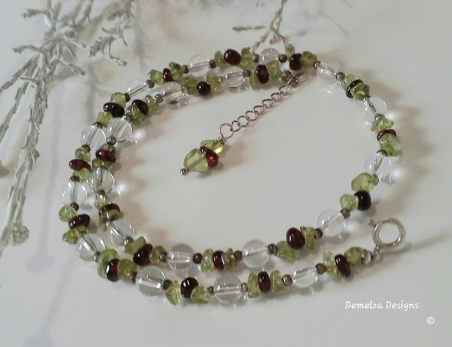 Clear Quartz, Peridot,  Indian Red Garnet Sterling Silver Necklace