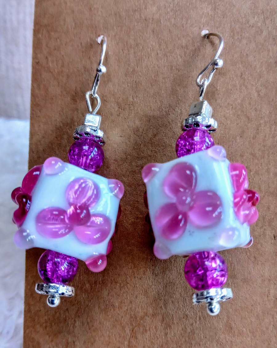 Funky pink floral on white cubed Lampwork glass & Tibetan silver beaded EARRINGS