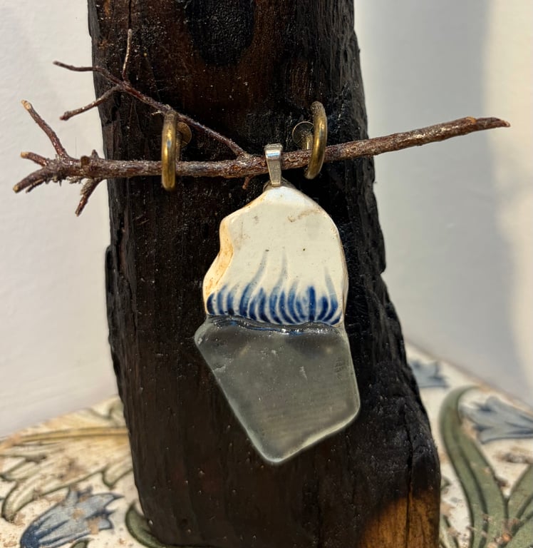 Blue sea pottery sea glass pendant 