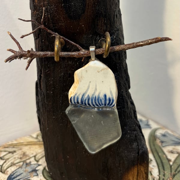 Blue sea pottery sea glass pendant 