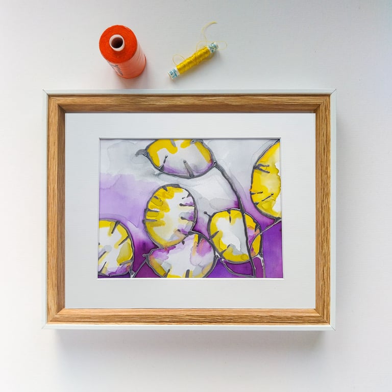  Original silk painting, Sweet Honesty Botanical art, Ready to frame 