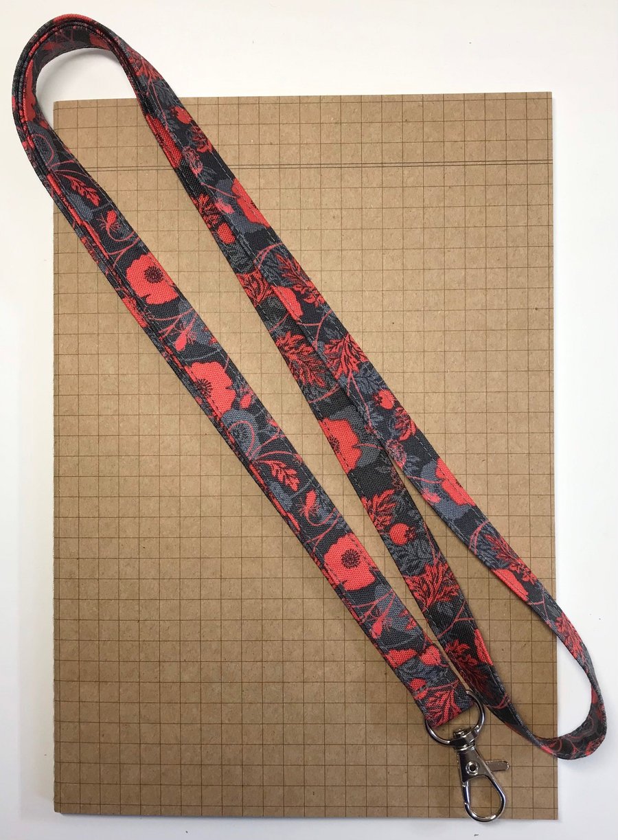 Grey Poppy fabric skinny lanyard