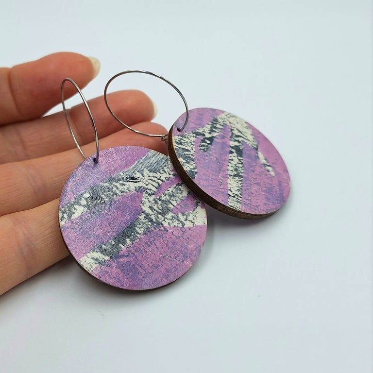 Funky abstract pink, grey and white hand printed earrings 