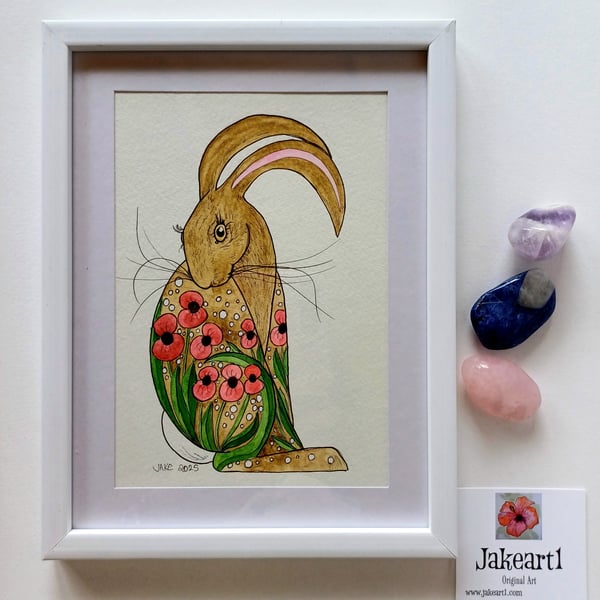 Hare poppies framed pen and watercolour original artwork 