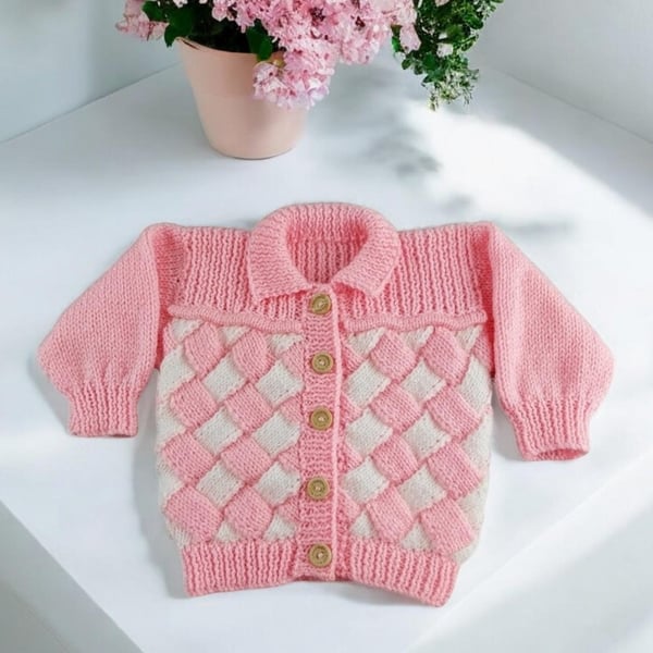 Hand-Knitted Baby Cardigan, Pink & White, 3-6 Months, Woven Pattern, Baby Gift