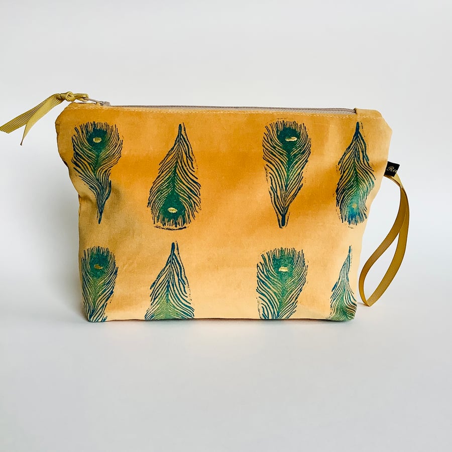 Feather Print Velvet Zip-Up Pouch; Makeup Bag; Hand printed Purse